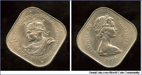 1966
1066-1966, 900th Anniversary of the Norman conquest
10/- Ten Shilling
William Duke of Normandy 1035-1087 (King of England 1066-1087)
Queen Elizabeth II