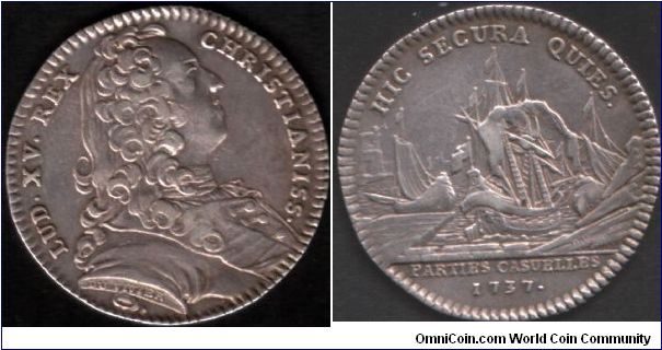 Interesting and fairly scarce jeton issued for the `Parties casuelles' in 1737. The reverse evidences the death knell for the die. Surplus metal caused by a split in thew die running across the centre and obliterating the detail of the design in the process. Do a search under `France' - 1737 to see a trial strike I have for this design.