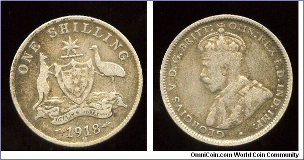 1918m
1/- One Shilling
Coat of arms
George V
Mint mark M = Melbourne