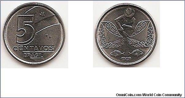 5 Centavos
KM#612
2.2400 g., Stainless Steel, 16.51 mm. Obv: Outlined denomination
Rev: Fisherman, two fish above date at bottom Edge: Plain