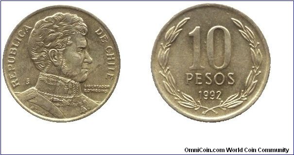 Chile, 10 pesos, 1992, Ni-Brass, Libertador B. O'Higgins.                                                                                                                                                                                                                                                                                                                                                                                                                                                           