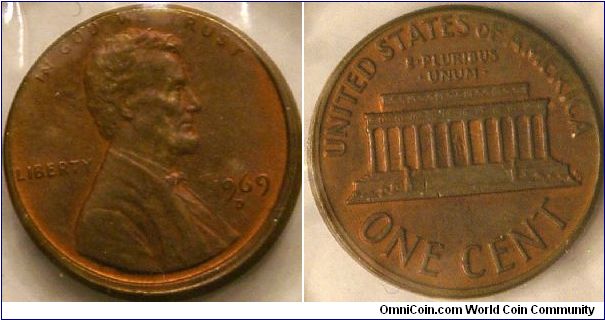 1 cent, 1969D, offset strike, 19 mm, Cu .95, Zi .05