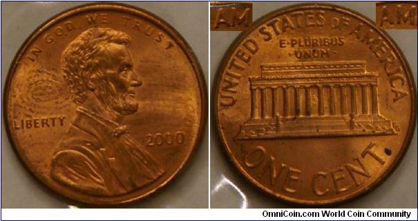 1 cent, wide 'AM' in AMERICA on reverse.  Upper left inset shows typical spacing with no gap, upper right inset shows wide spacing of this coin.  too bad it has someone's finger print on the obverse, 19 mm Cu plated Zn