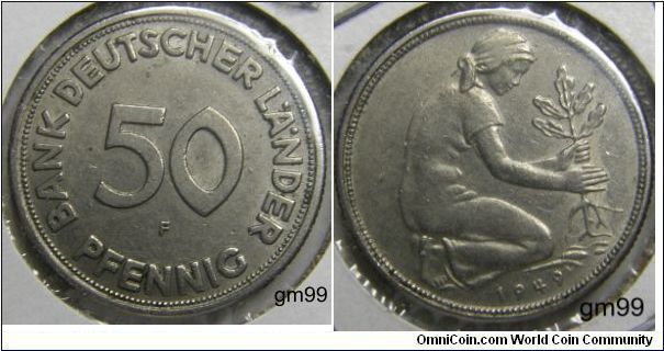 50 Pfennig (Copper-Nickel)  
Obverse; Legend around value,
BUNDESREPUBLIK DEUTSCHLAND 50 PFENNIG
Reverse; Plain edge. Woman planting plant
 date 1949