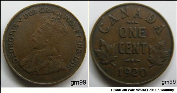 Obverse; King George V left. Reverse; Denomonation above date, Leaves flank
Bronze/Dark Brown, ONE CENT