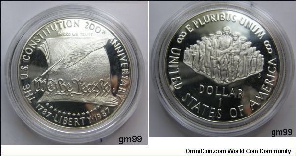 United States, The U.S. Constitution 200th Anniversary 1787 - 1987, One Dollar, 1987S. 26.7300 g, 0.9000 Silver, .7736 Oz. ASW., 38.1mm. Mintage: 2,747,116 units. PROOF.