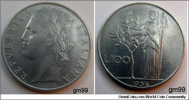 100 Lire (Stainless Steel) : 1955-1989
Obverse; Wreathed head left,
REPVBBLICA ITALIANA
Reverse; Minerva standing left, holding staff, tree to left
L 100,date 1956