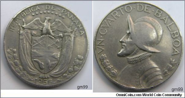 1/4 Balboa (Copper-Nickel)  
Obverse;Legend around arms, Eagle on shield with drapery,
REPVBLICA DE PANAMA date 1966
Reverse; Helmeted head of Balboa left,
VN CVARTO DE BALBOA