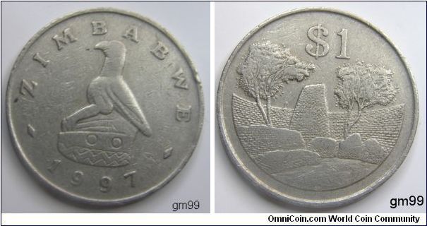 1 Dollar (Copper-Nickel) : 1980-1997
Obverse; Soapstone bird facing left,
ZIMBABWE date
Reverse; Ruins of Great Zimbabwe with a tree at left and right
$1