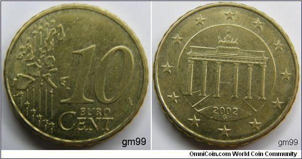G = Stuttgart Mint
The Brandenburg Gate, a symbol of the division of Germany and its subsequent unification, is the motif used on
these coins. The perspective of the design, by Reinhard Heinsdorff, emphasises the opening of the gate, stressing the unification of Germany and Europe
10 Euro Cents