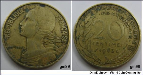 20 Centimes (Aluminum-Bronze) : 1962-2001
Obverse; Liberty right,
REPUBLIQUE FRANCAISE
Reverse; Stalk and wheat ear,
LIBERTE EGALITE FRATERNITE 20 CENTIMES date 1963
