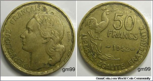 50 Francs (Aluminum-Bronze) Obverse; Liberty left with flower in hair,
REPUBLIQUE FRANCAISE G GUIRAUD behind neck
Reverse; Rooster and stalk to left of value and date,
50 FRANCS date LIBERTE EGALITE FRATERNITE
