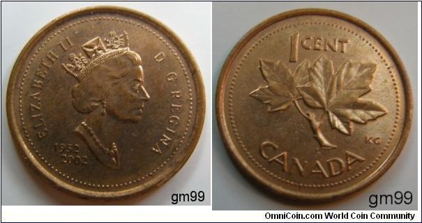 Queen Elizabeth II Golden Jubilee Obverse; Crowned head right, Jubilee commemorative dates 1952-2000. Reverse; denomination above maple leaf,  1 Cent Copper plated steel
