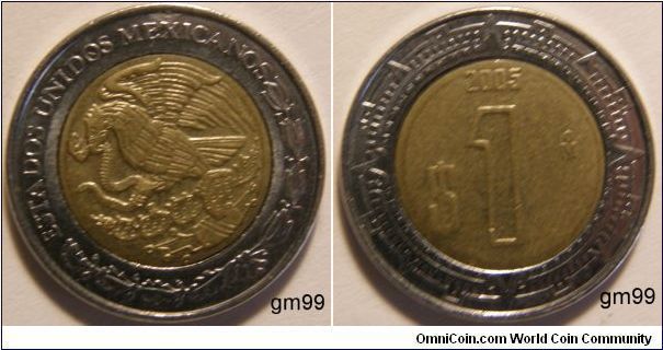 Bi-Metallic Aluminum-Bronze center in  Stainless Steel ring, 25.5mm. Obverse- National arms, eagle left with circle. Reverse-Value and date. 1 New Pesos