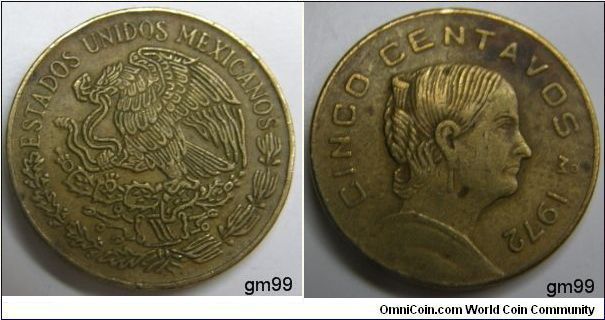 Brass,18mm. Obverse-National arms,eagle left.
Reverse-Bust right. NOTE: Due some mimor alloy variations this type is often encountered with bronze toning. Reduced size.
5 Centavos