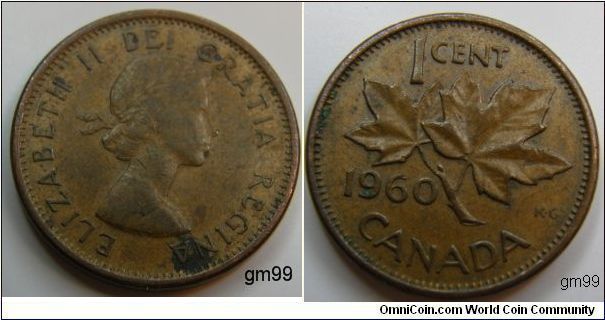 Without strap. Obverse;Queen Elizabeth II. Reverse; Maple leaf divides date and denomination. Bronze, 1 Cent