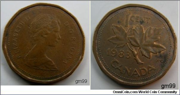 1 Cent
Shape; Multi-sided. Obverse; Queen Elizabeth II Right. Reverse; Maple leaf divides date and denomination. Bronze.