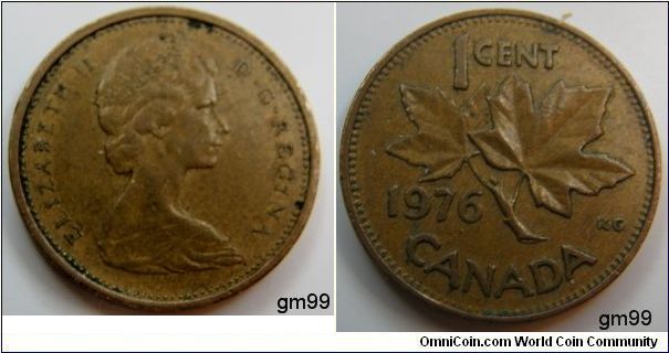 Obverse;Queen Elizabeth II right. Reverse; maple leaf divides date and denomination. Bronze, 1 Cent