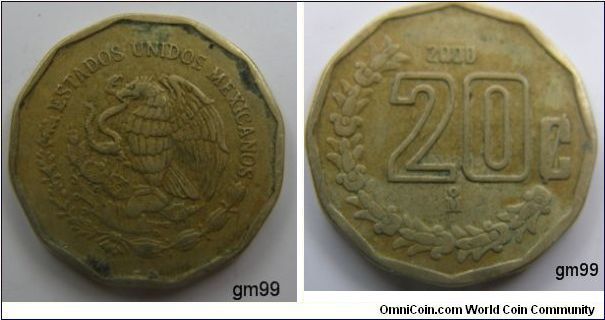 Obverse; National arms,Reverse;20 Centavos