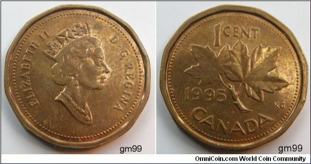 Shape; multi-sided. Obverse; Crowned Queen Elizabeth II right. Reverse; Maple leaf divides date and denomination. Bronze. 1 Cent