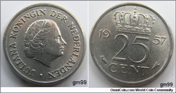25 Cents (Nickel) Obverse; Queen Juliana right,
JULIANA KONINGIN DER NEDERLANDEN
Reverse; Crown over legend,
date 1957, 25 CENT