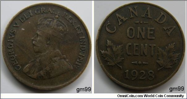 Obverse;
King George V lef. Reverse; Denomination above date, leaves flank. Bronze,
Dark Brown, One Cent