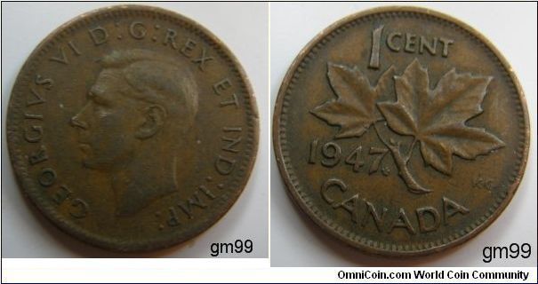 Maple leaf behind the 7, Obverse;King George VI left. Reverse; Maple leaf divides date and denomination, Bronze,
 1 Cent