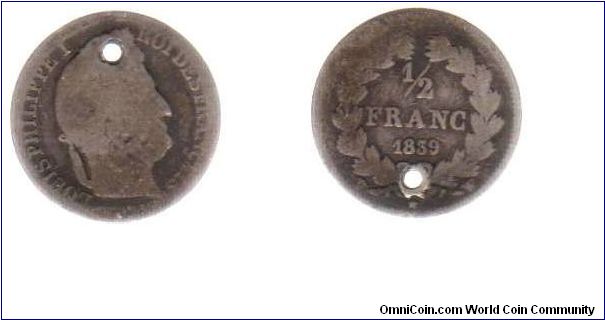 1839 1/2 Franc - holed