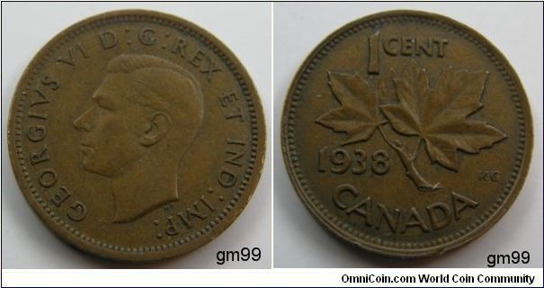 Obverse; King George VI left. Reverse; Maple leaf divides date and denomination. Bronze. 1 Cent, Dark Brown