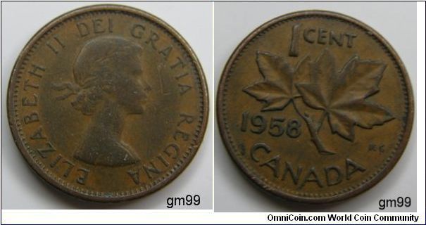 Without strap. Obverse; Laueate bust right, Reverse; Maple leaf divides date and denomination. Bronze,Brown
1 Cent,