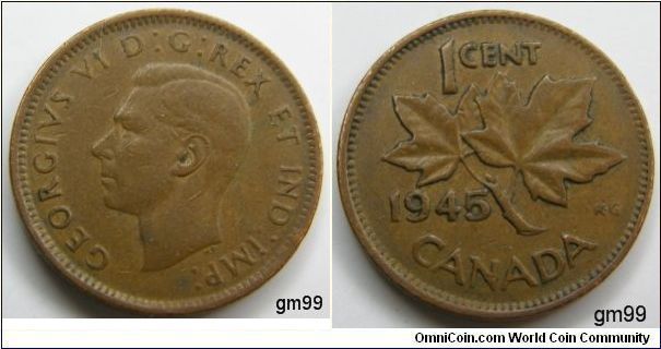 Obverse;King George VI left. Reverse; Maple leaf divides date and denomination, Bronze,1Cent