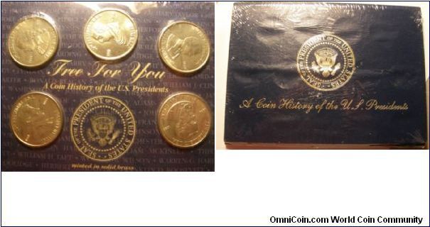 Coin History of the U.S. Presidents. Great detail in these coins. Still shrink wrapped on the original card board backing.
This set includes coins for James Madison, Abraham Lincoln, John Tyler, Andrew Johnson, and Benjamin Harrison.