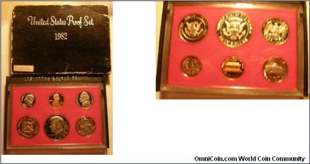 1982S Proof Set.
Kennedy Half Dollar, Washington Quarter, Lincoln Cent, Roosevelt Dimes,Jefferson Nickel and the Department of the Treasure 1789 Coin