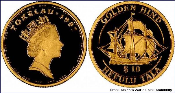 The Golden Hind appears on the reverse of this 1/25 ounce gold $10 coin. We cam across it as part of a 24 coin 'collection' marketed by the British Royal Mint as 'The Precious Fine Gold Collection'. Strangely enough there are no gold coins shown for Tokelau in our copy of Krause's World Gold Coins.