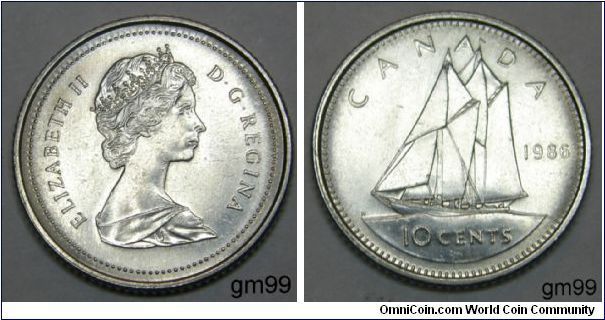 Obverse;Queen Elizabeth II right, Reverse; redesigned smaller Bluenose sailing left. date 1982 right, denominateion below 
10 Cent, composition; Nickel