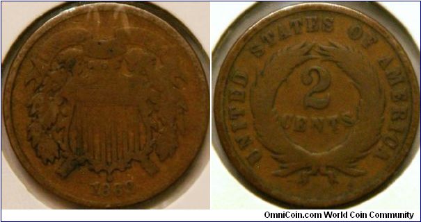 short lived 2 cent piece (only minted 1864-1873), 23 mm, Cu .95, rest Sn & Zn