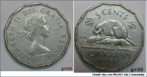 Obverse;Queen Elizabeth II right Reverse; 5 Cents, Beaver on rock divides date 1961 and denomination