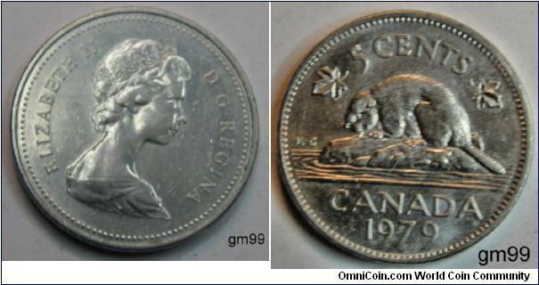 Obverse;Queen Elizabeth II right Reverse; 5 Cents, Beaver on rock divides date 1979 and denomination