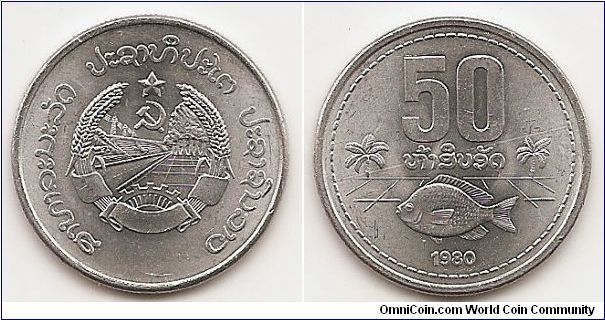 50 Att
KM#24
2.5000 g., Aluminum, 26 mm. Obv: National arms Rev: Value
above fish and date flanked by palm trees
