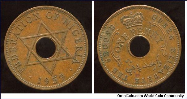 Federation of Nigeria
1959
1d  One Penny
Seal of Solomon & date
Crown above value