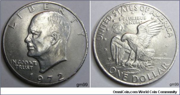 1972D(DENVER MINT)
Obverse design: General/President Dwight D. Eisenhower 
Reverse design: The Apollo 11 Mission Insignia
One Dollar