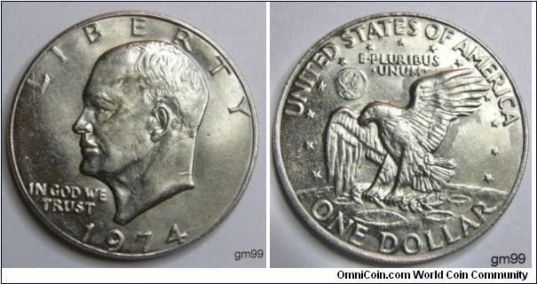 One Dollar, Obverse General/President Dwight D. Eisenhower 
Reverse design: The Apollo 11 Mission Insignia