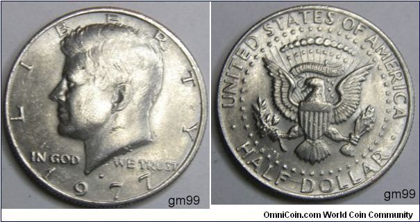 1977D Half Dollar(50cents)Obverse-President John F. Kennedy
Reverse-Heraldic Eagle, based on the Great Seal of the United States
