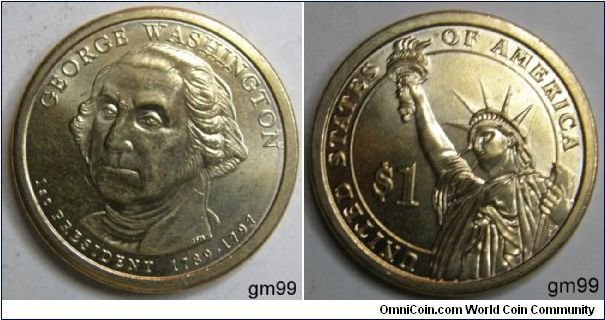 Presidential George Washington One Dollar
1st President 1789 to 1797
The new coin features
edge-incused inscriptions