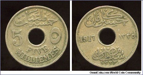 AH1335-1917
5 Milliemes
Value in english & Arabic
Date in English & Arabic
Issued under British Occupation 1914-22, Sultan Hussein Kamil