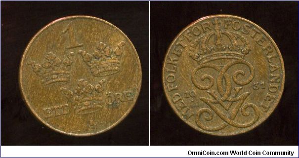 1931
1 Ore
Triple crowns & value
Crown, Monogram Gustaf V & date