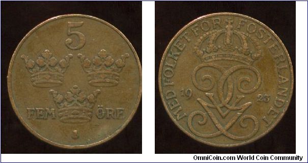 1923
5 Ore
Triple crowns & value
Crown, Monogram Gustaf V & date