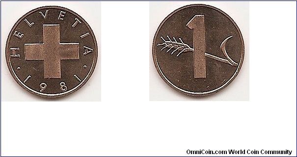 1 Rappen
KM#46
1.5400 g., Bronze, 15.95 mm. Obv: Cross Rev: Value and oat
sprig Edge: Plain