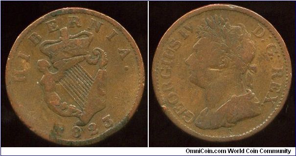 Hibernia
1823
1/2d  Halfpenny
Crown on Harp
King George IV