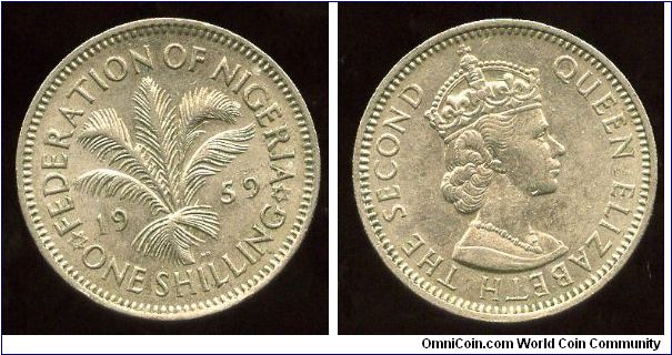 Federation of Nigeria
1959
1/-  One Shilling
Palm Tree
Queen Elizabeth II
